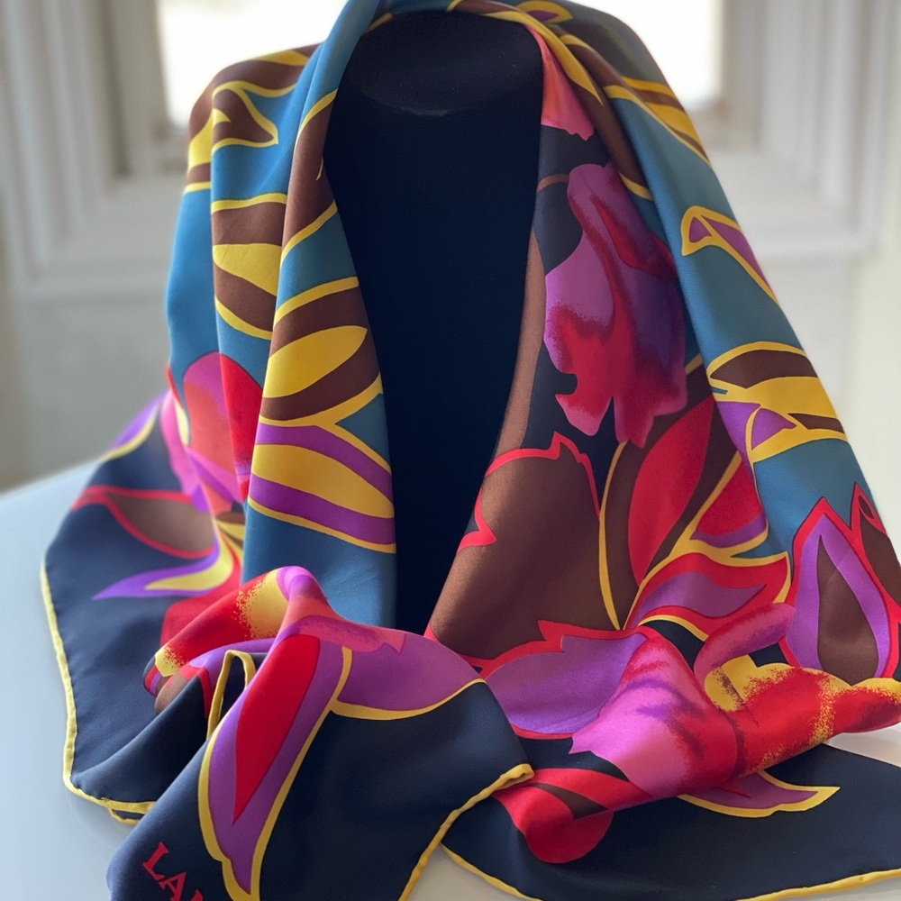 Gorgeous Lanvin Paris Vintage Silk Twill Scarf in size 34.5” x 34.5”.